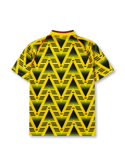 Arsenal 1991-93 away jersey, front view, yellow body with black gradient zigzag pattern, yellow V-neck collar with black and red trim, red piping, adidas trefoil logo, club cannon crest, JVC sponsor logo, striped sleeve trim