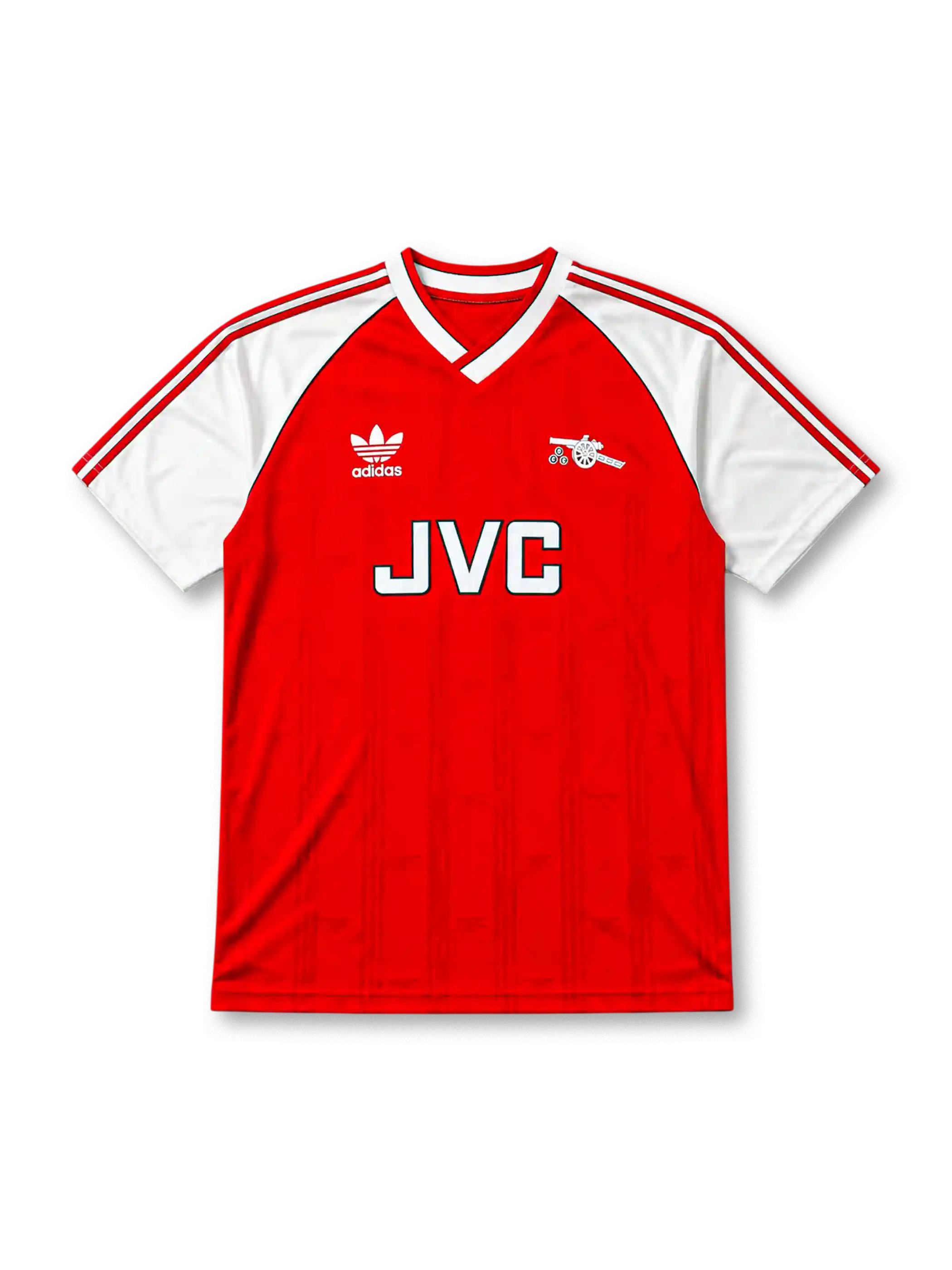 Arsenal 1988-90 home jersey, front view, red body with white raglan sleeves, adidas three-stripe sleeve trim, white V-neck collar with black inner trim, adidas trefoil logo, club cannon crest, JVC sponsor logo, striped cuffs