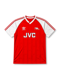 Arsenal 1988-90 home jersey, front view, red body with white raglan sleeves, adidas three-stripe sleeve trim, white V-neck collar with black inner trim, adidas trefoil logo, club cannon crest, JVC sponsor logo, striped cuffs