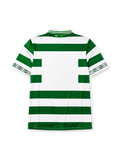 Celtic 1998-99 home jersey, front view, green and white hoops, tonal crest pattern, white collar with celtic wordmark, Umbro wordmark, club badge with 1888 text, large Umbro diamond logo, diamond-patterned cuffs