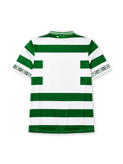 Celtic 1998-99 home jersey, front view, green and white hoops, tonal crest pattern, white collar with celtic wordmark, Umbro wordmark, club badge with 1888 text, large Umbro diamond logo, diamond-patterned cuffs