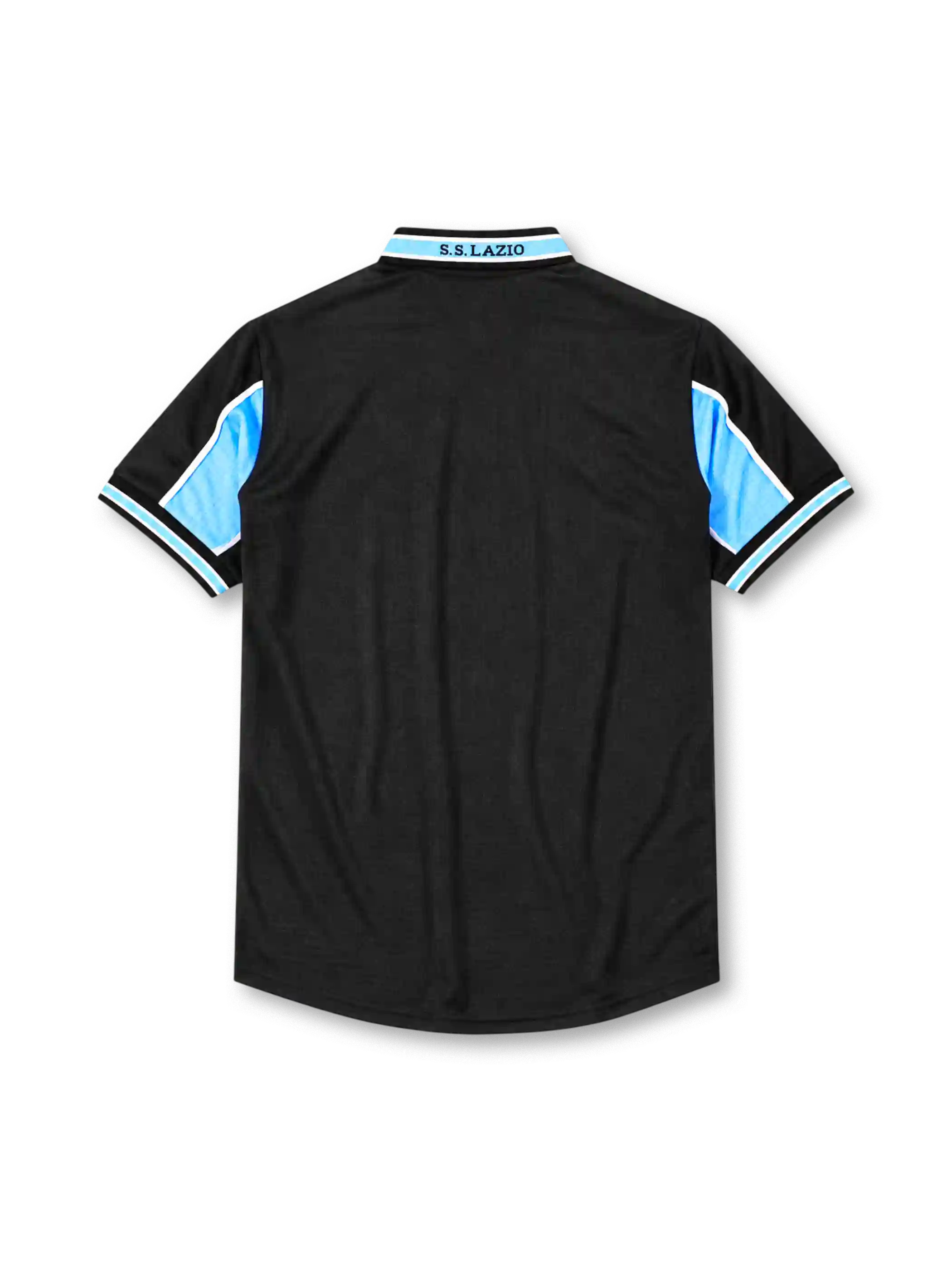 Lazio 1998-99 away jersey, front view, black body with sky blue chest and sleeve panel, striped V-neck collar, Puma logo, club eagle crest, CIRIO sponsor logo, striped cuffs