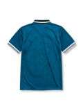 Ajax 1995-96 away jersey, front view, teal body with tonal crest pattern, black point collar with white and teal stripes, Umbro diamond logo, club crest with Amsterdam text, vertical ABN AMRO sponsor lettering, striped cuffs