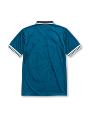 Ajax 1995-96 away jersey, front view, teal body with tonal crest pattern, black point collar with white and teal stripes, Umbro diamond logo, club crest with Amsterdam text, vertical ABN AMRO sponsor lettering, striped cuffs