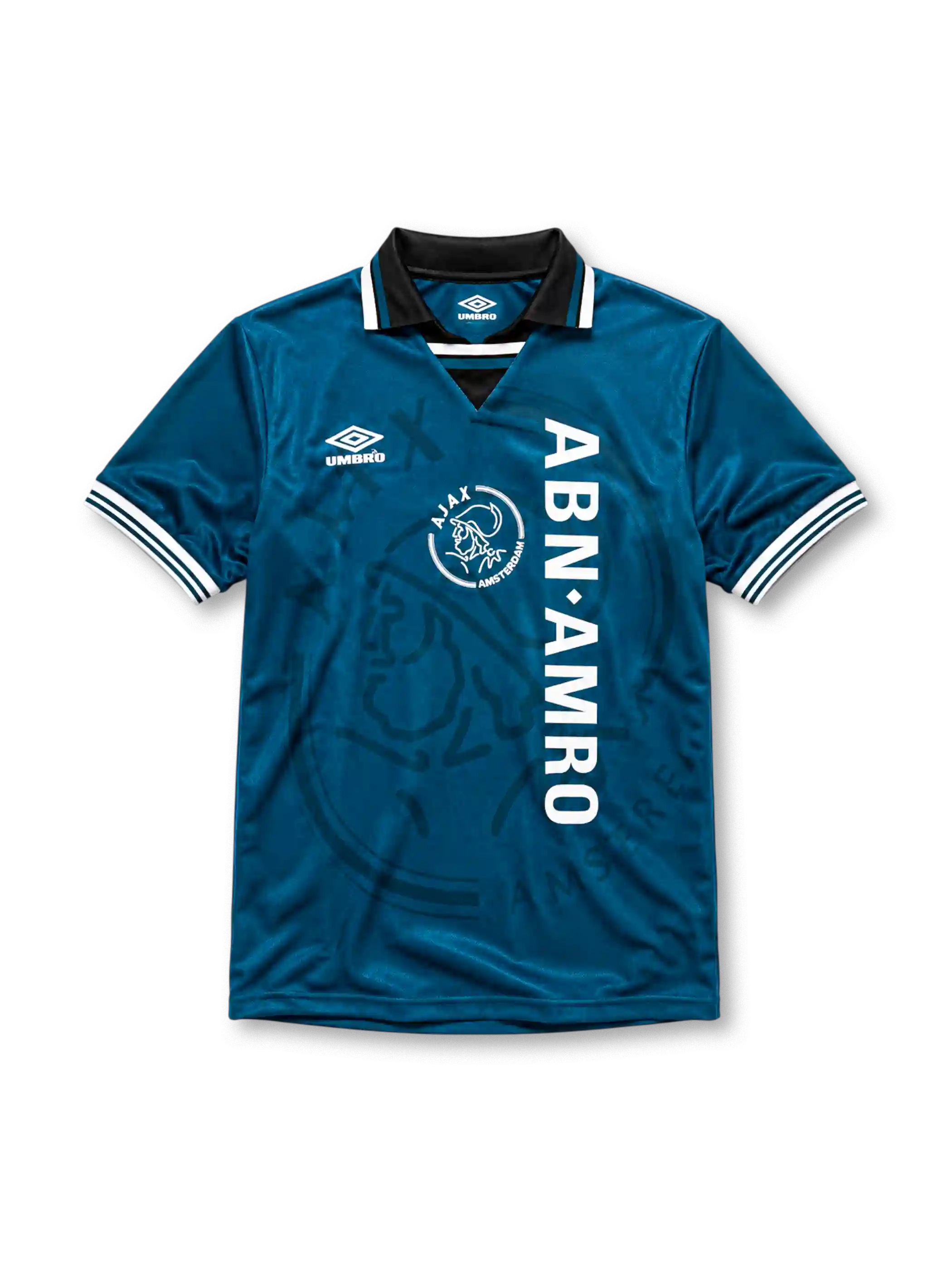 Ajax 1995-96 away jersey, front view, teal body with tonal crest pattern, black point collar with white and teal stripes, Umbro diamond logo, club crest with Amsterdam text, vertical ABN AMRO sponsor lettering, striped cuffs