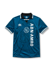 Ajax 1995-96 away jersey, front view, teal body with tonal crest pattern, black point collar with white and teal stripes, Umbro diamond logo, club crest with Amsterdam text, vertical ABN AMRO sponsor lettering, striped cuffs