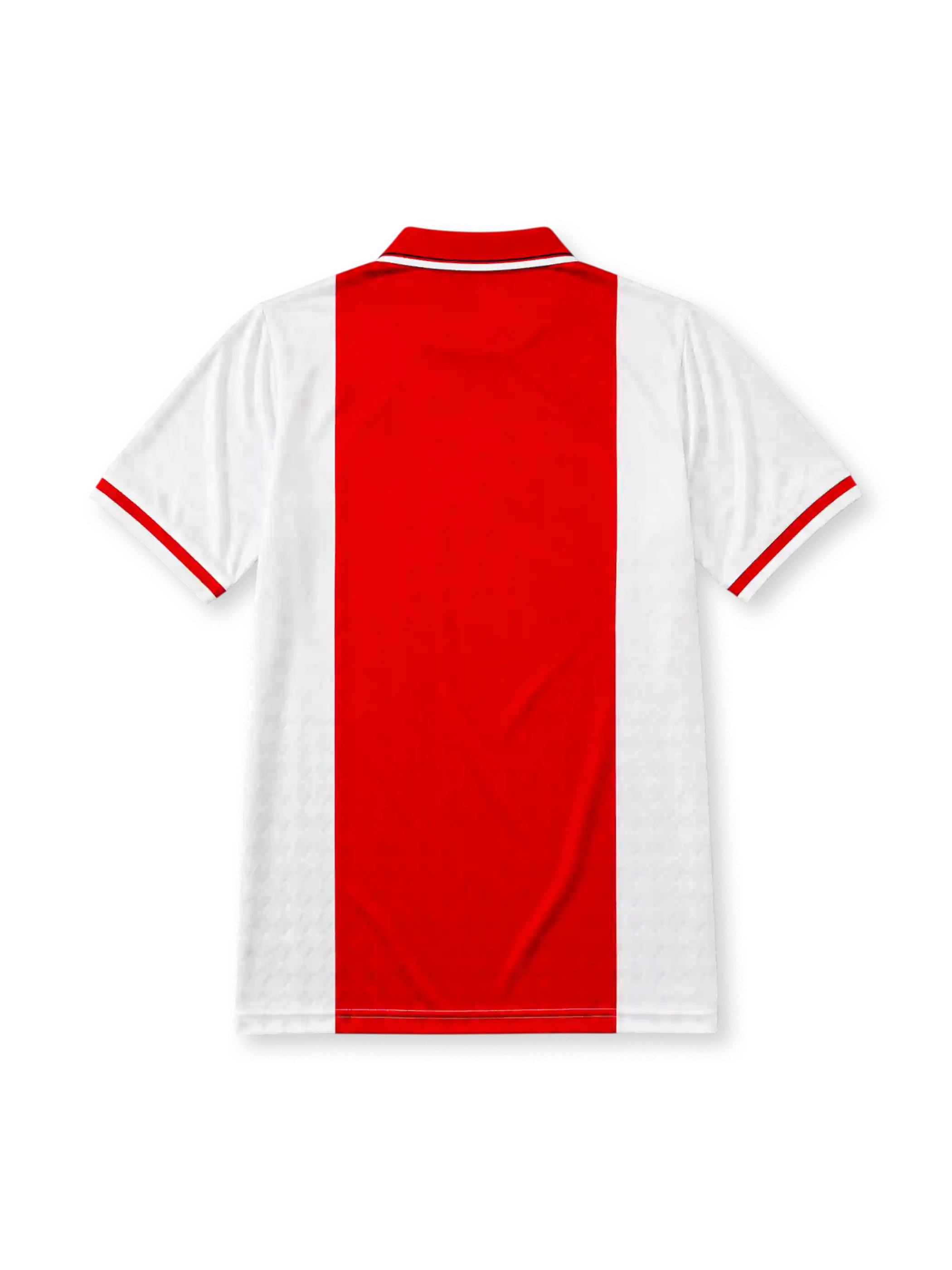 Ajax 1989-90 home jersey, front view, white body with central red stripe, red point collar with white and black trim, Umbro diamond logo, club crest, TDK sponsor logo, striped cuffs