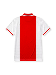 Ajax 1989-90 home jersey, front view, white body with central red stripe, red point collar with white and black trim, Umbro diamond logo, club crest, TDK sponsor logo, striped cuffs