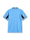 Lazio 1998-99 home jersey, front view, sky blue body with black chest and sleeve band, striped V-neck collar with S.S. Lazio text, Puma logo, club eagle crest, CIRIO sponsor logo, striped cuffs