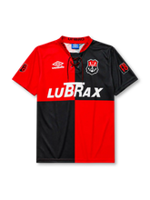 Flamengo 1994-95 centenary home jersey, front view, quartered red and black body, lace-up collar with 1895 and 1995 text, Umbro diamond logo, club anchor crest, LUBRAX sponsor logo, sleeve commemorative patches