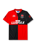 Flamengo 1994-95 centenary home jersey, front view, quartered red and black body, lace-up collar with 1895 and 1995 text, Umbro diamond logo, club anchor crest, LUBRAX sponsor logo, sleeve commemorative patches