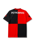 Flamengo 1994-95 centenary home jersey, front view, quartered red and black body, lace-up collar with 1895 and 1995 text, Umbro diamond logo, club anchor crest, LUBRAX sponsor logo, sleeve commemorative patches