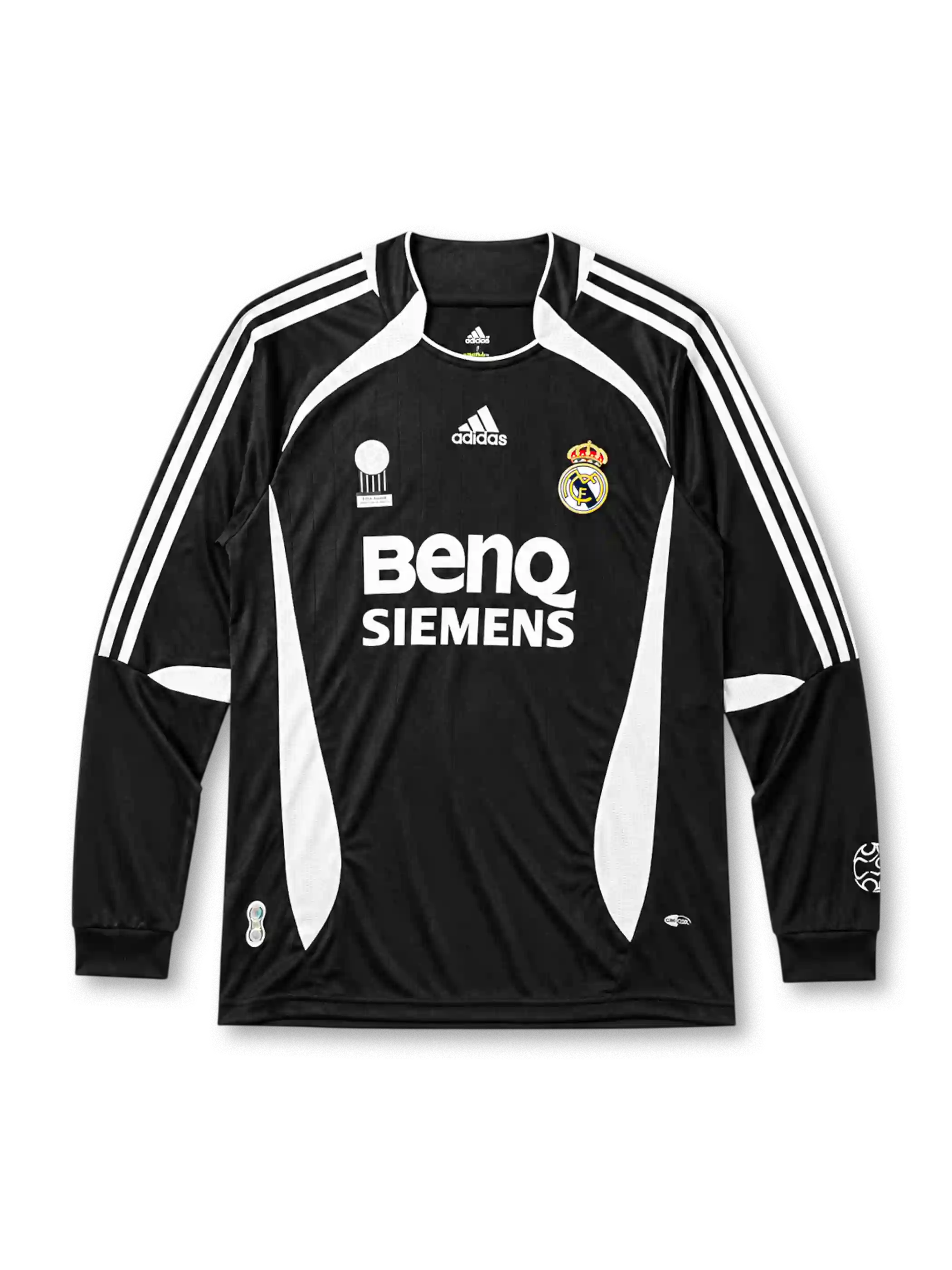 Real Madrid 2006-07 long sleeve third jersey, front view, black body with white side panels, adidas three-stripe long sleeve detailing, FIFA Fair Play emblem, adidas logo, club crest, BenQ Siemens sponsor logo, ribbed cuffs