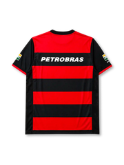 Flamengo 2000-01 home jersey, front view, red and black hoops, black crew neck collar, three championship stars, Nike swoosh logo, club crest, LUBRAX sponsor logo, Petrobras BR sleeve patches