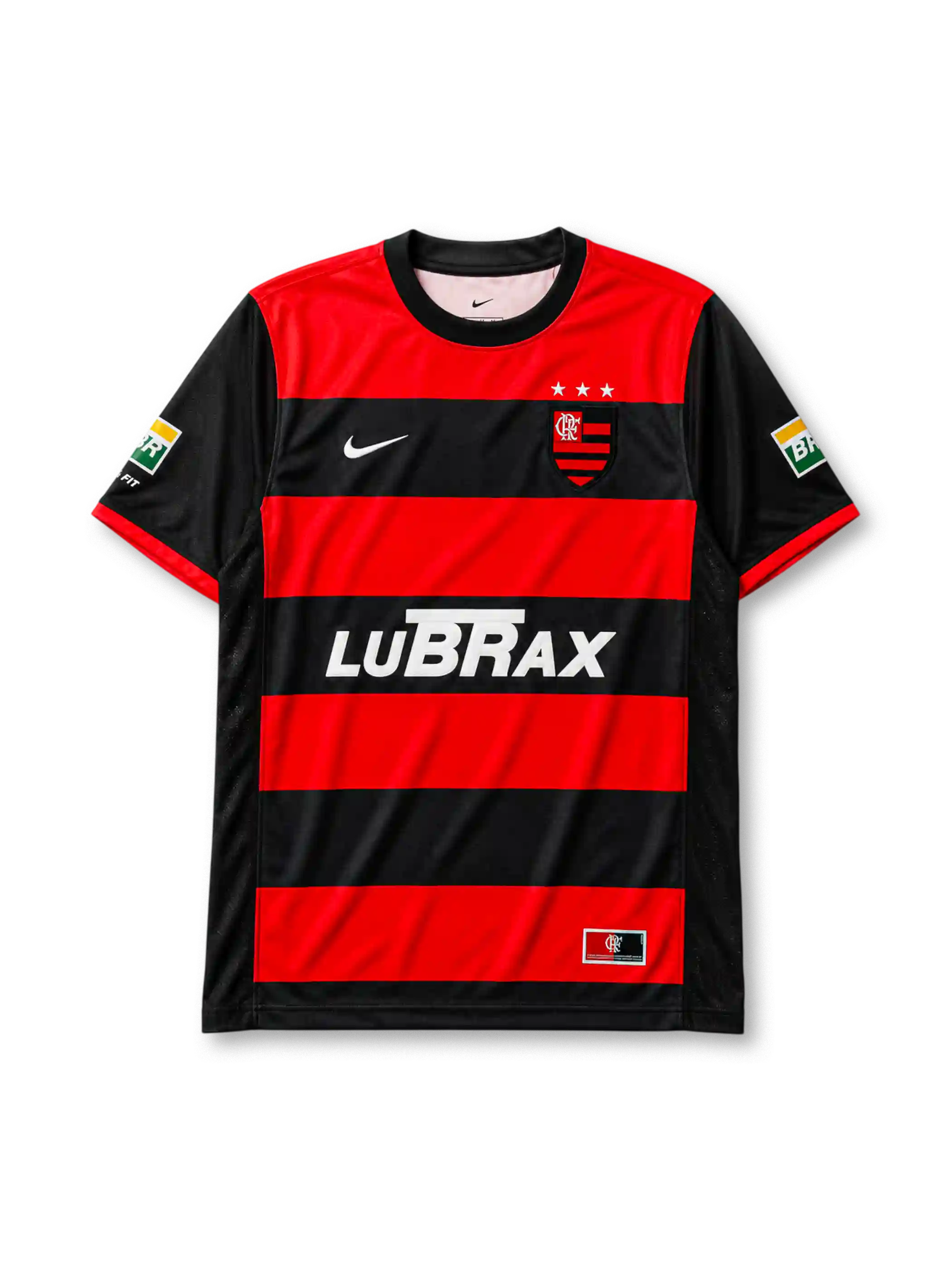 Flamengo 2000-01 home jersey, front view, red and black hoops, black crew neck collar, three championship stars, Nike swoosh logo, club crest, LUBRAX sponsor logo, Petrobras BR sleeve patches