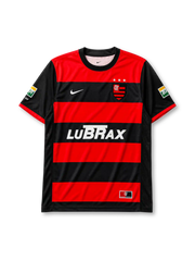 Flamengo 2000-01 home jersey, front view, red and black hoops, black crew neck collar, three championship stars, Nike swoosh logo, club crest, LUBRAX sponsor logo, Petrobras BR sleeve patches