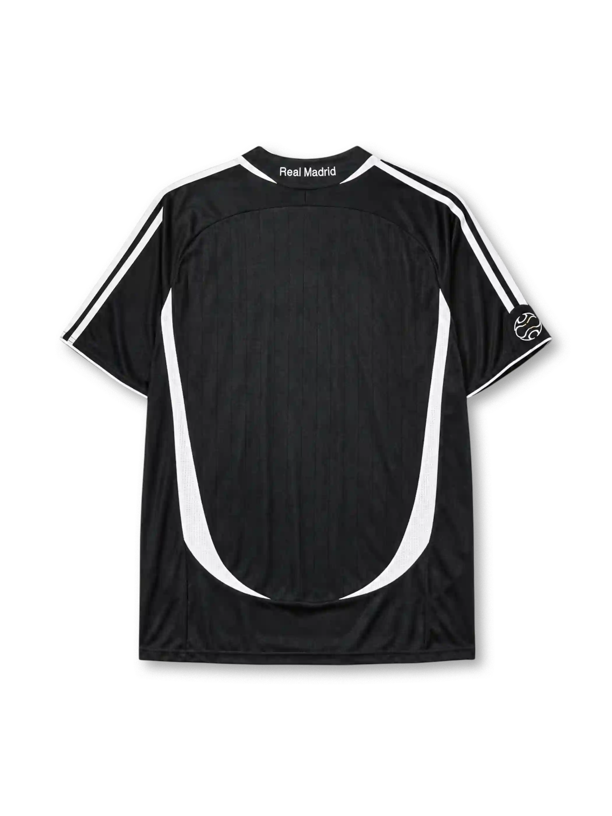 Real Madrid 2006-07 third jersey, front view, black body with white side panels, adidas three-stripe shoulder detailing, FIFA Best Club of the Century emblem, adidas logo, club crest, BenQ Siemens sponsor logo, sleeve patch
