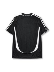 Real Madrid 2006-07 third jersey, front view, black body with white side panels, adidas three-stripe shoulder detailing, FIFA Best Club of the Century emblem, adidas logo, club crest, BenQ Siemens sponsor logo, sleeve patch
