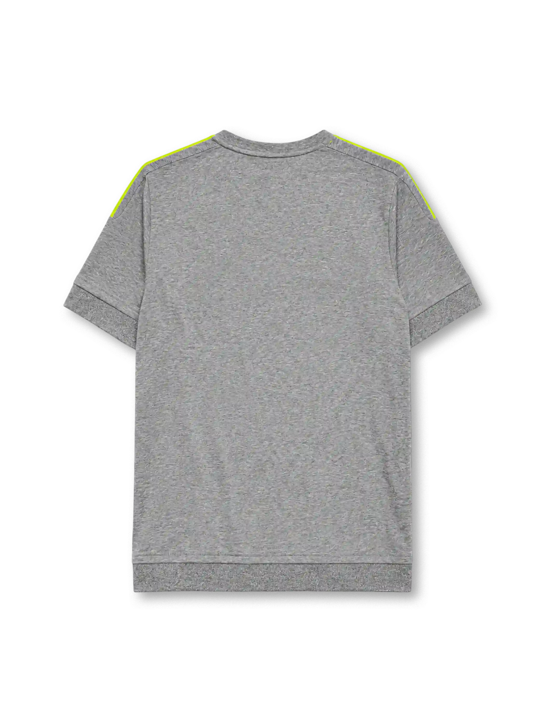 Real Madrid 2015-16 away jersey, front view, heather grey body, neon yellow adidas three-stripe shoulder detailing, crew neck collar, adidas logo, club crest, Fly Emirates sponsor logo, climacool label