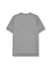 Real Madrid 2015-16 away jersey, front view, heather grey body, neon yellow adidas three-stripe shoulder detailing, crew neck collar, adidas logo, club crest, Fly Emirates sponsor logo, climacool label