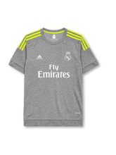 Real Madrid 2015-16 away jersey, front view, heather grey body, neon yellow adidas three-stripe shoulder detailing, crew neck collar, adidas logo, club crest, Fly Emirates sponsor logo, climacool label