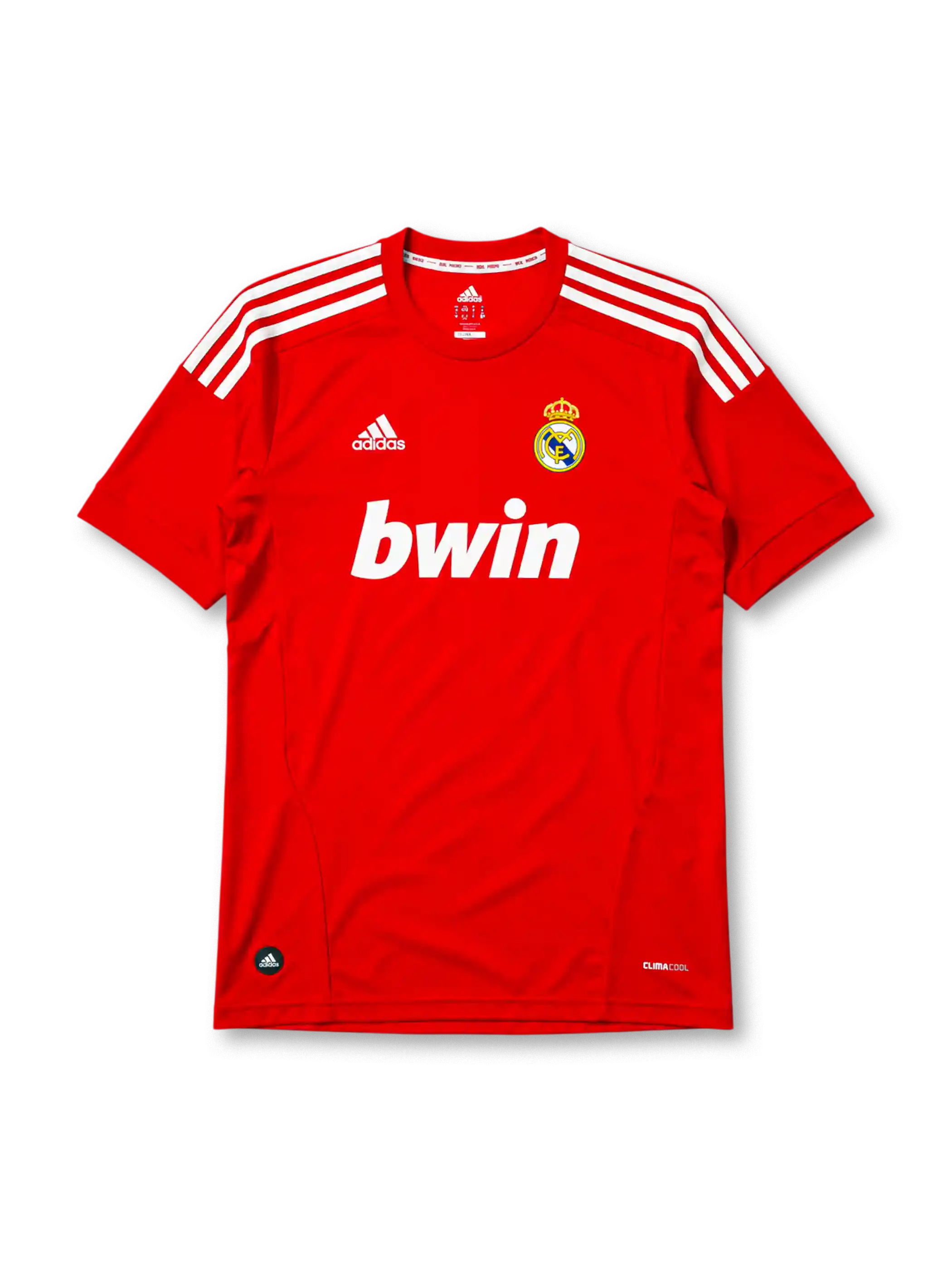 Real Madrid 2011-12 third jersey, front view, red body, white adidas three-stripe shoulder detailing, crew neck collar, adidas logo, club crest, bwin sponsor logo, Climacool label