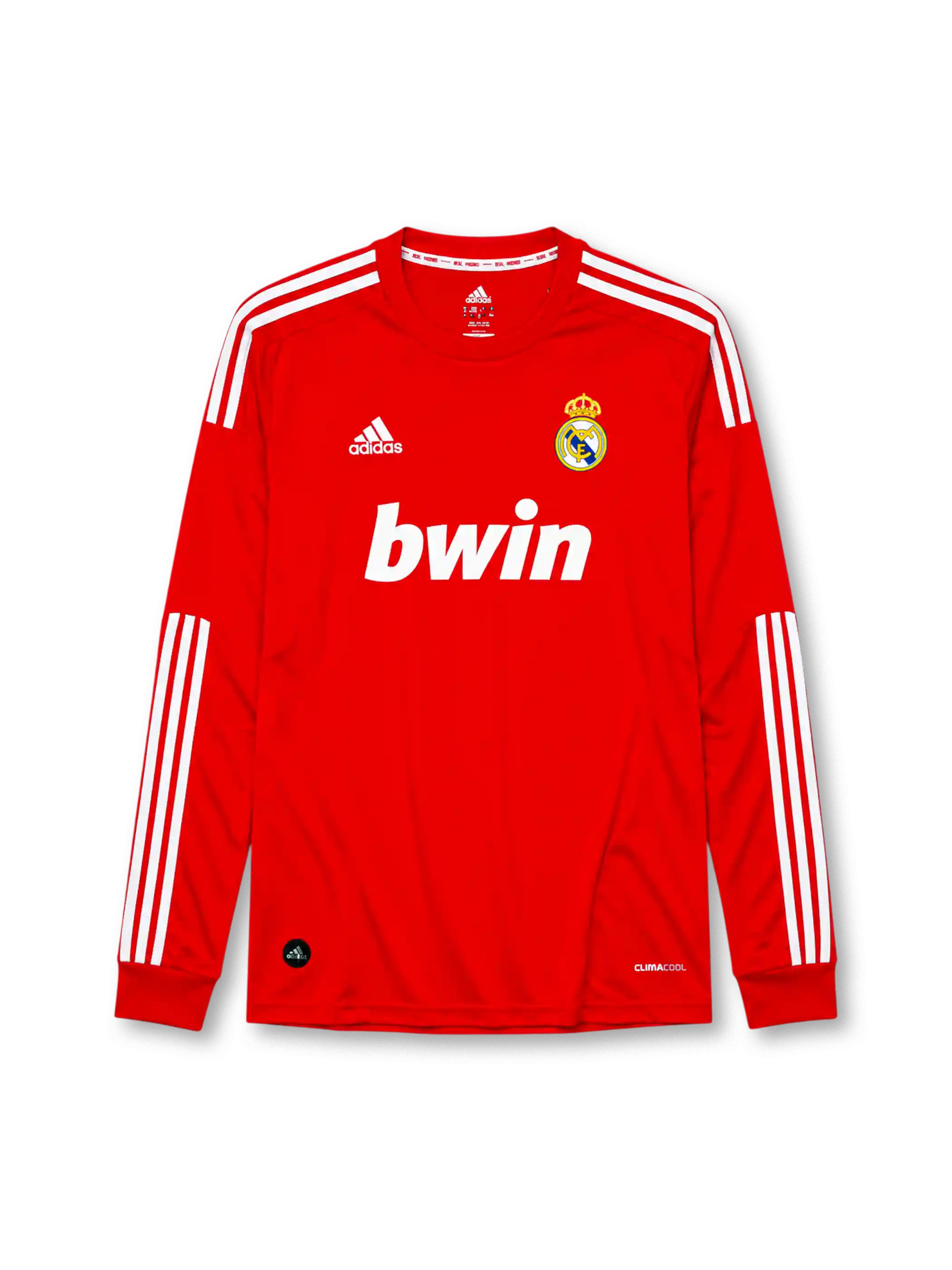 Real Madrid 2011-12 long sleeve third jersey, front view, red body, white adidas three-stripe long sleeve detailing, crew neck collar, adidas logo, club crest, bwin sponsor logo, Climacool label