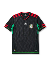 Mexico 2010 World Cup away jersey, front view, black body with tonal diamond pattern, red V-neck collar, red and black striped shoulders, green side panels, adidas logo, Mexican Football Federation crest, green hem trim