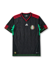 Mexico 2010 World Cup away jersey, front view, black body with tonal diamond pattern, red V-neck collar, red and black striped shoulders, green side panels, adidas logo, Mexican Football Federation crest, green hem trim