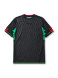 Mexico 2010 World Cup away jersey, front view, black body with tonal diamond pattern, red V-neck collar, red and black striped shoulders, green side panels, adidas logo, Mexican Football Federation crest, green hem trim