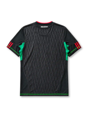 Mexico 2010 World Cup away jersey, front view, black body with tonal diamond pattern, red V-neck collar, red and black striped shoulders, green side panels, adidas logo, Mexican Football Federation crest, green hem trim
