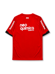 Corinthians 2011-12 third jersey, front view, red body with black São Jorge dragon graphic, black crew neck collar, Bozzano sleeve sponsor lettering, Nike swoosh, club crest with five stars, Neo Química Genéricos sponsor logo