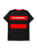 Flamengo home jersey, front view, red and black hoops, red crew neck collar, gold championship star, Nike swoosh logo, club crest, Petrobras BR logo, LUBRAX sponsor logo