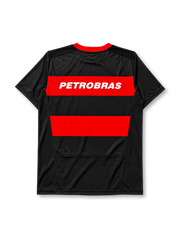 Flamengo home jersey, front view, red and black hoops, red crew neck collar, gold championship star, Nike swoosh logo, club crest, Petrobras BR logo, LUBRAX sponsor logo