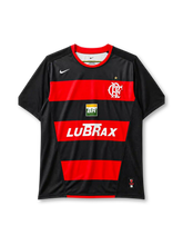 Flamengo home jersey, front view, red and black hoops, red crew neck collar, gold championship star, Nike swoosh logo, club crest, Petrobras BR logo, LUBRAX sponsor logo