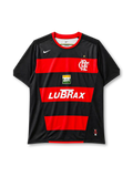 Flamengo home jersey, front view, red and black hoops, red crew neck collar, gold championship star, Nike swoosh logo, club crest, Petrobras BR logo, LUBRAX sponsor logo