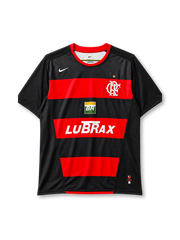 Flamengo home jersey, front view, red and black hoops, red crew neck collar, gold championship star, Nike swoosh logo, club crest, Petrobras BR logo, LUBRAX sponsor logo