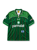 Palmeiras 1999 home jersey, front view, green body with red pinstripes, lighter green shoulder yoke, V-neck collar, Rhumell logo, Copa Libertadores sleeve patch, club crest with four stars, Parmalat sponsor logo