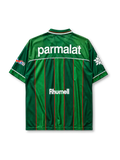 Palmeiras 1999 home jersey, front view, green body with red pinstripes, lighter green shoulder yoke, V-neck collar, Rhumell logo, Copa Libertadores sleeve patch, club crest with four stars, Parmalat sponsor logo