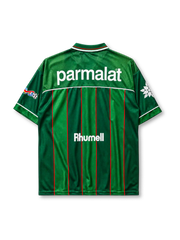 Palmeiras 1999 home jersey, front view, green body with red pinstripes, lighter green shoulder yoke, V-neck collar, Rhumell logo, Copa Libertadores sleeve patch, club crest with four stars, Parmalat sponsor logo