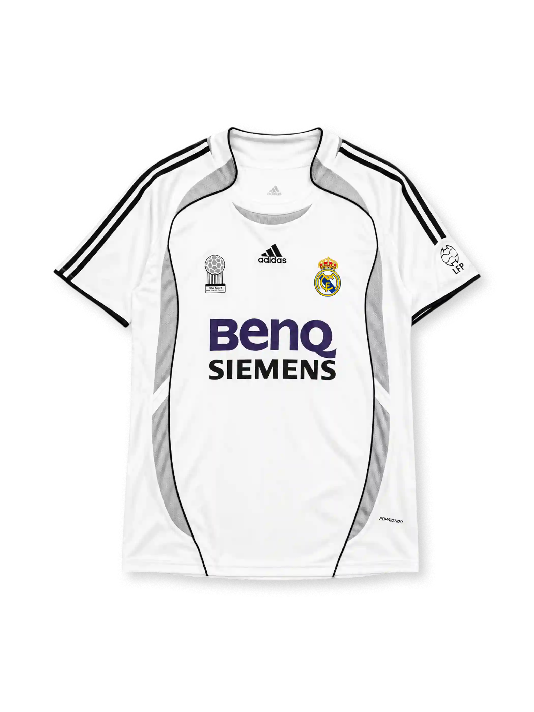 Real Madrid 2006-07 home jersey, front view, white body with grey Formotion panels, black adidas three-stripe shoulder detailing, FIFA Best Club of the Century emblem, LFP league patch, adidas logo, club crest, BenQ Siemens sponsor logo