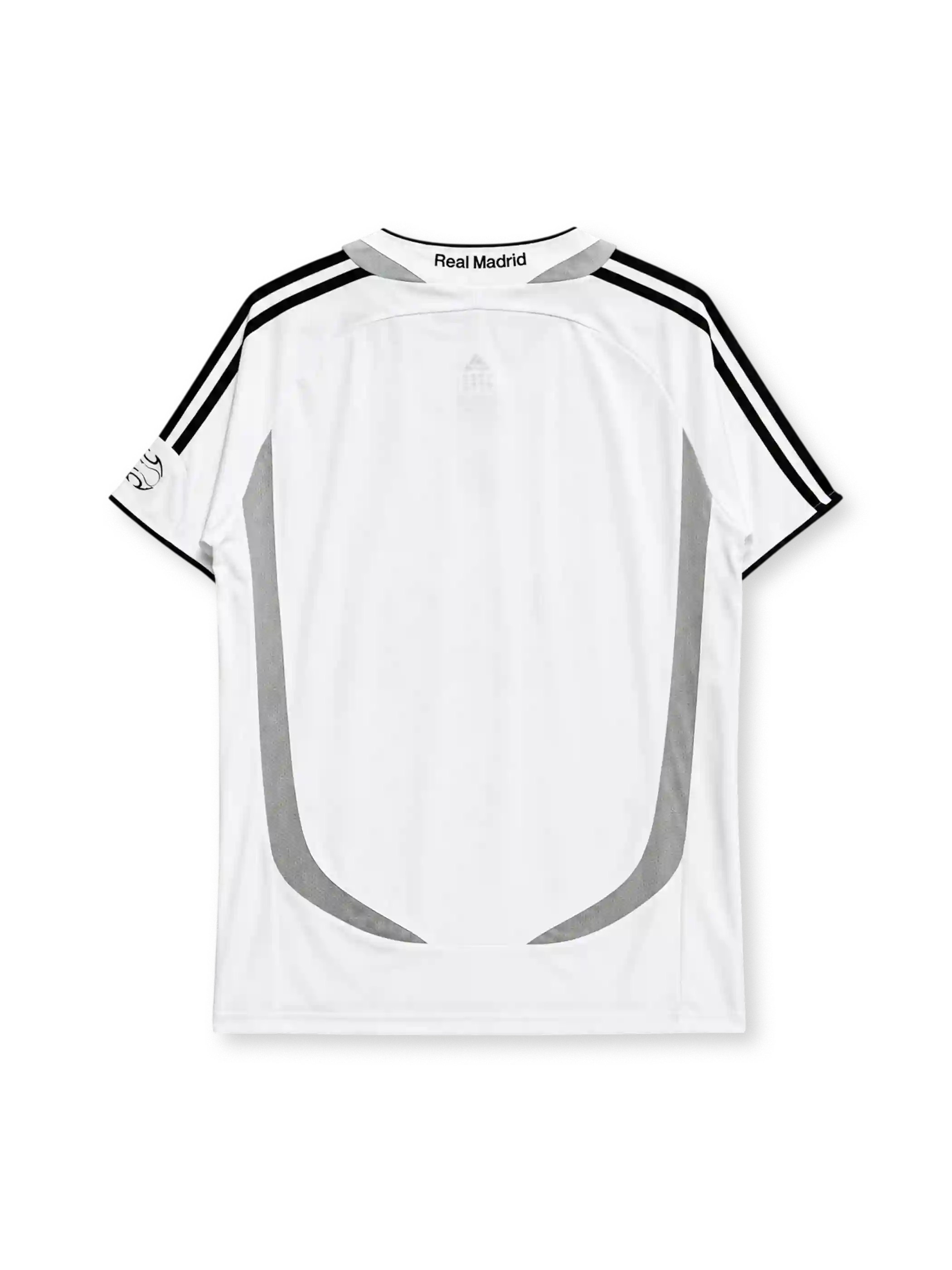 Real Madrid 2006-07 home jersey, front view, white body with grey Formotion panels, black adidas three-stripe shoulder detailing, FIFA Best Club of the Century emblem, LFP league patch, adidas logo, club crest, BenQ Siemens sponsor logo