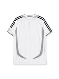 Real Madrid 2006-07 home jersey, front view, white body with grey Formotion panels, black adidas three-stripe shoulder detailing, FIFA Best Club of the Century emblem, LFP league patch, adidas logo, club crest, BenQ Siemens sponsor logo