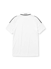 Real Madrid 2008-09 home jersey, front view, white body, black adidas three-stripe shoulder detailing, point collar, adidas logo, club crest, bwin.com sponsor logo, Climacool badge