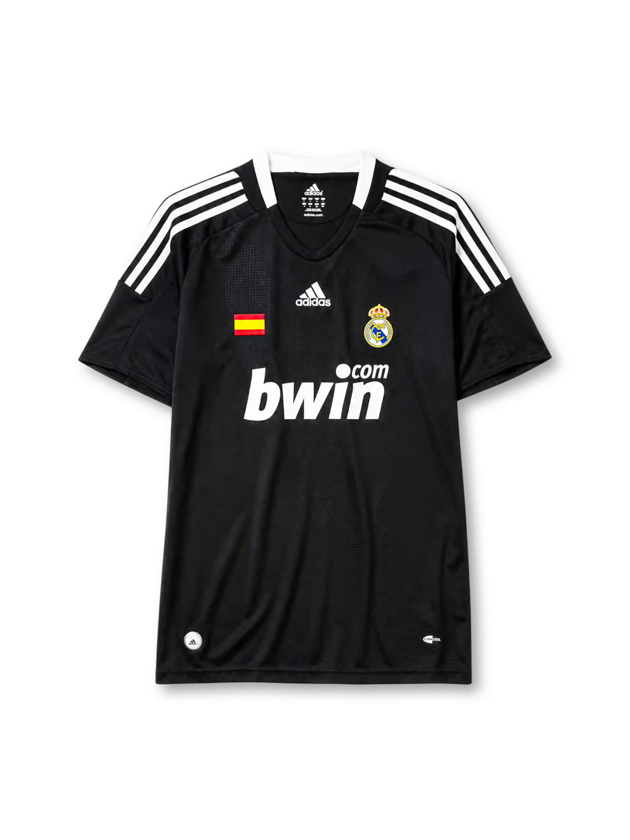 Real Madrid 2008-09 away jersey, front view, black body, white adidas three-stripe shoulder detailing, crew neck collar, Spanish flag patch, adidas logo, club crest, bwin.com sponsor logo, Climacool badge