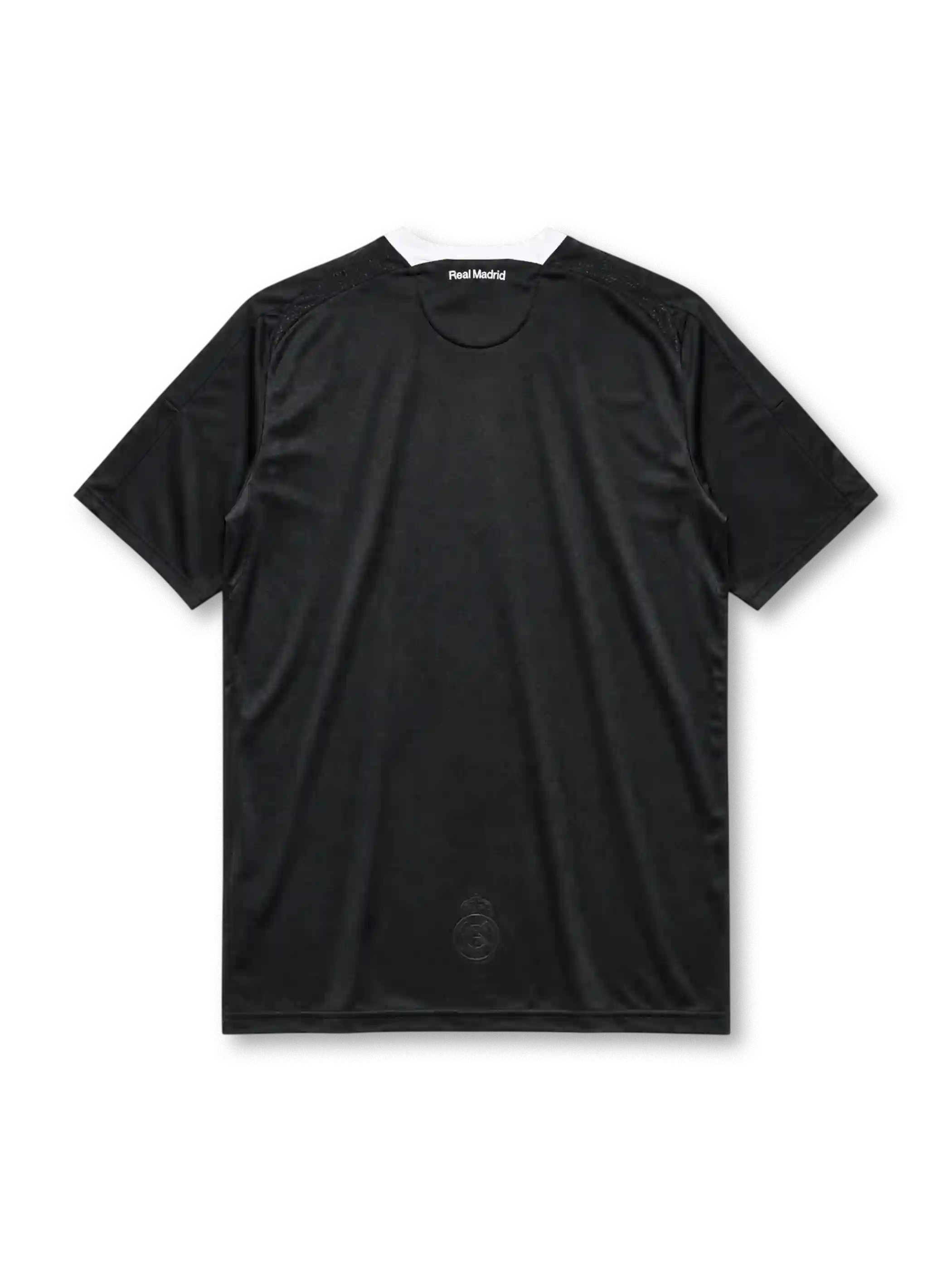 Real Madrid 2008-09 away jersey, front view, black body, white adidas three-stripe shoulder detailing, crew neck collar, Spanish flag patch, adidas logo, club crest, bwin.com sponsor logo, Climacool badge
