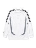 Real Madrid 2006-07 long sleeve home jersey, front view, white body with grey Formotion panels, black adidas three-stripe long sleeve detailing, FIFA Best Club of the Century emblem, adidas logo, club crest, BenQ Siemens sponsor logo