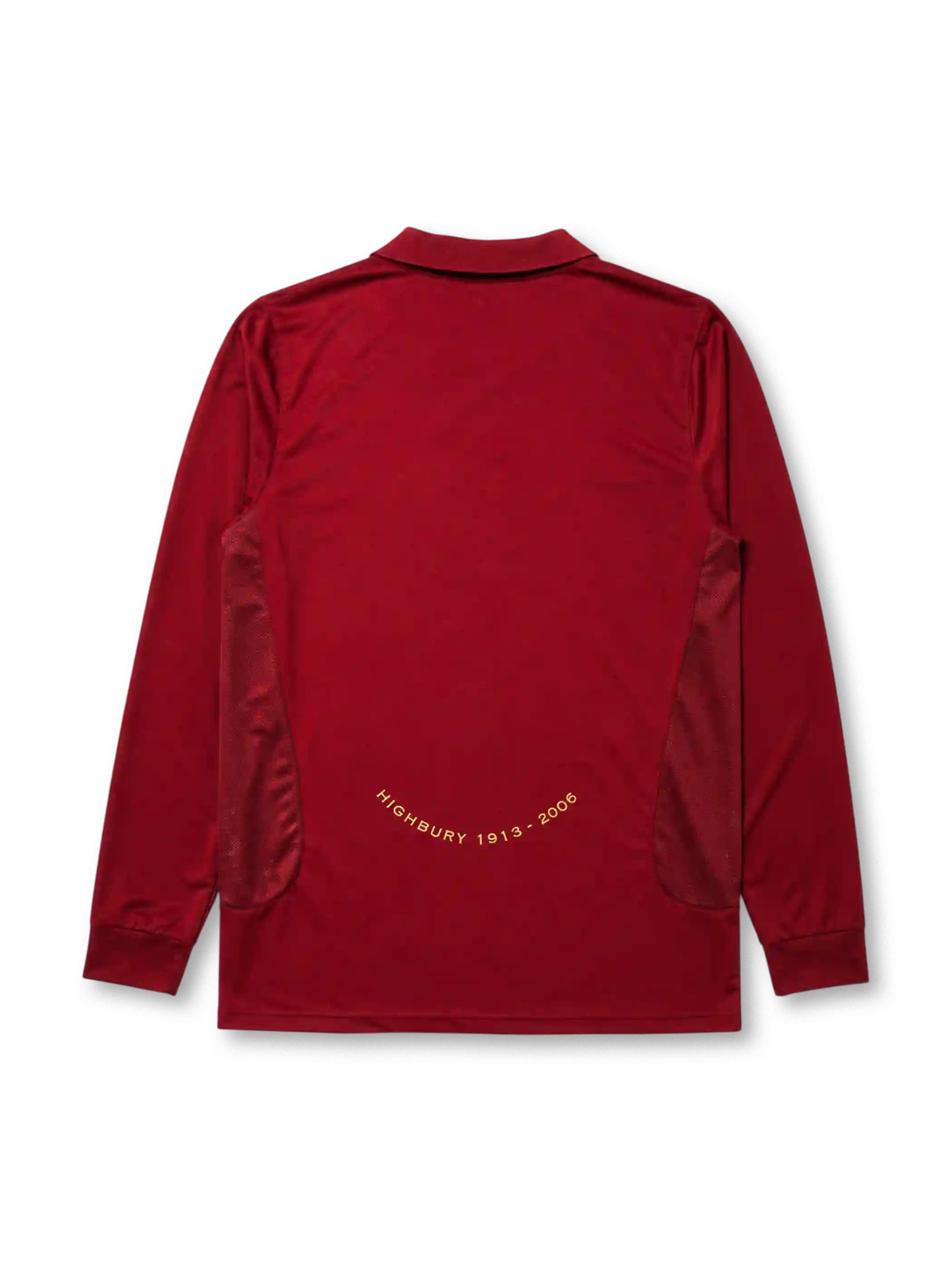 Arsenal 2005-06 home long sleeve jersey, front view, redcurrant body, point collar with gold trim, Nike swoosh, club crest with Highbury 1913-2006 text, O2 sponsor logo