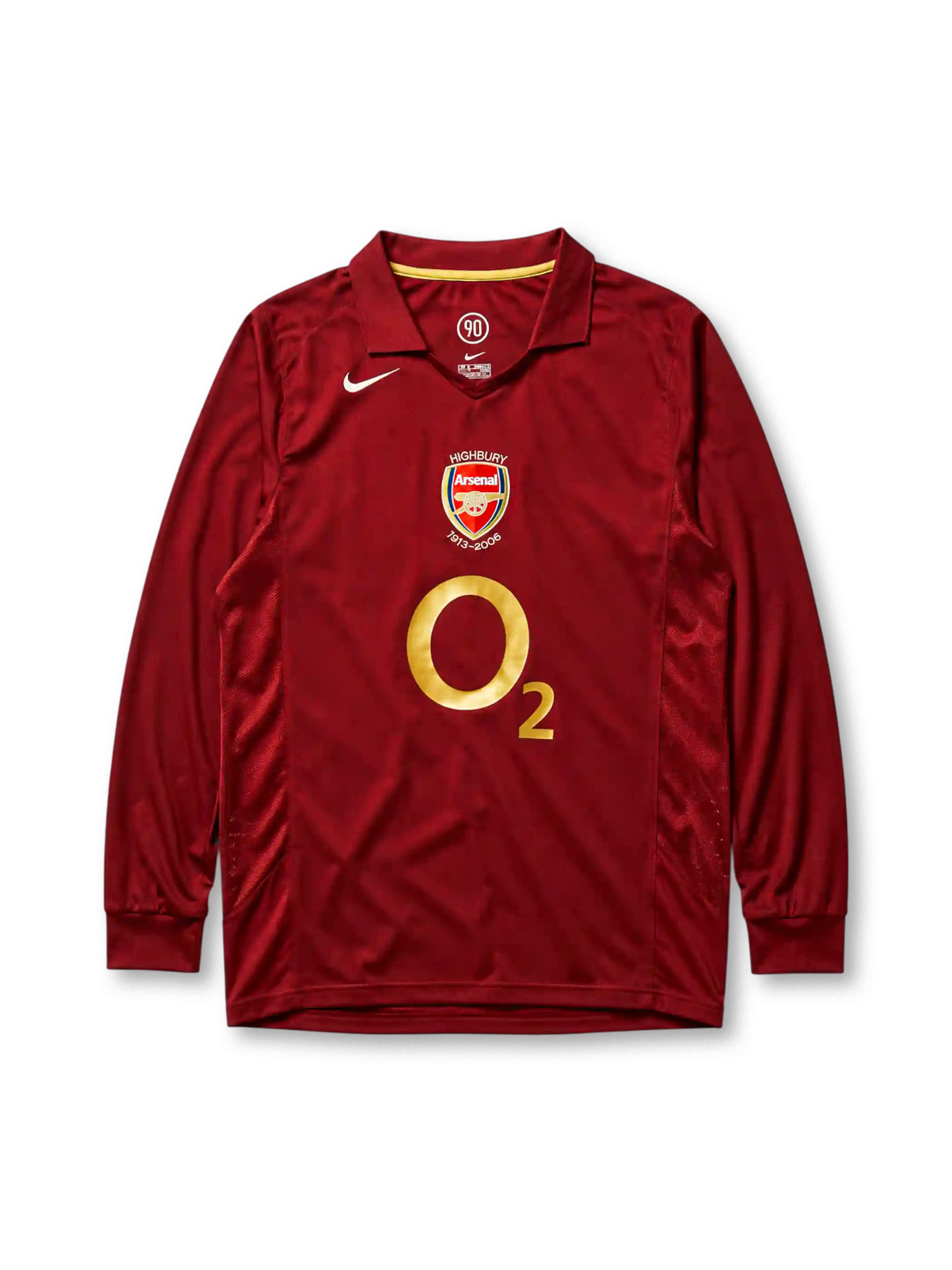Arsenal 2005-06 home long sleeve jersey, front view, redcurrant body, point collar with gold trim, Nike swoosh, club crest with Highbury 1913-2006 text, O2 sponsor logo