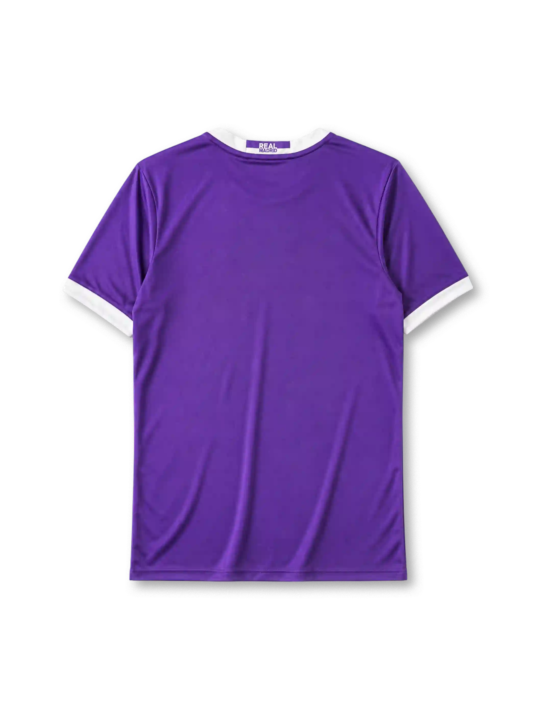 Real Madrid 2016-17 Champions League final away jersey, front view, purple body, white adidas three-stripe shoulder detailing, ringer collar and cuffs, Final Cardiff 2017 commemorative text, club crest, Fly Emirates sponsor logo, climacool label